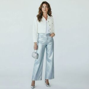 NWT Wild Fable Silver Blue Metallic Denim High Rise Wide Leg BaggyJeans Size 12